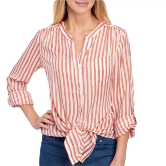 Zac & Rachel Tops - Zac & Rachel Pink and White Striped Button Down Tie Top Sz Medium
